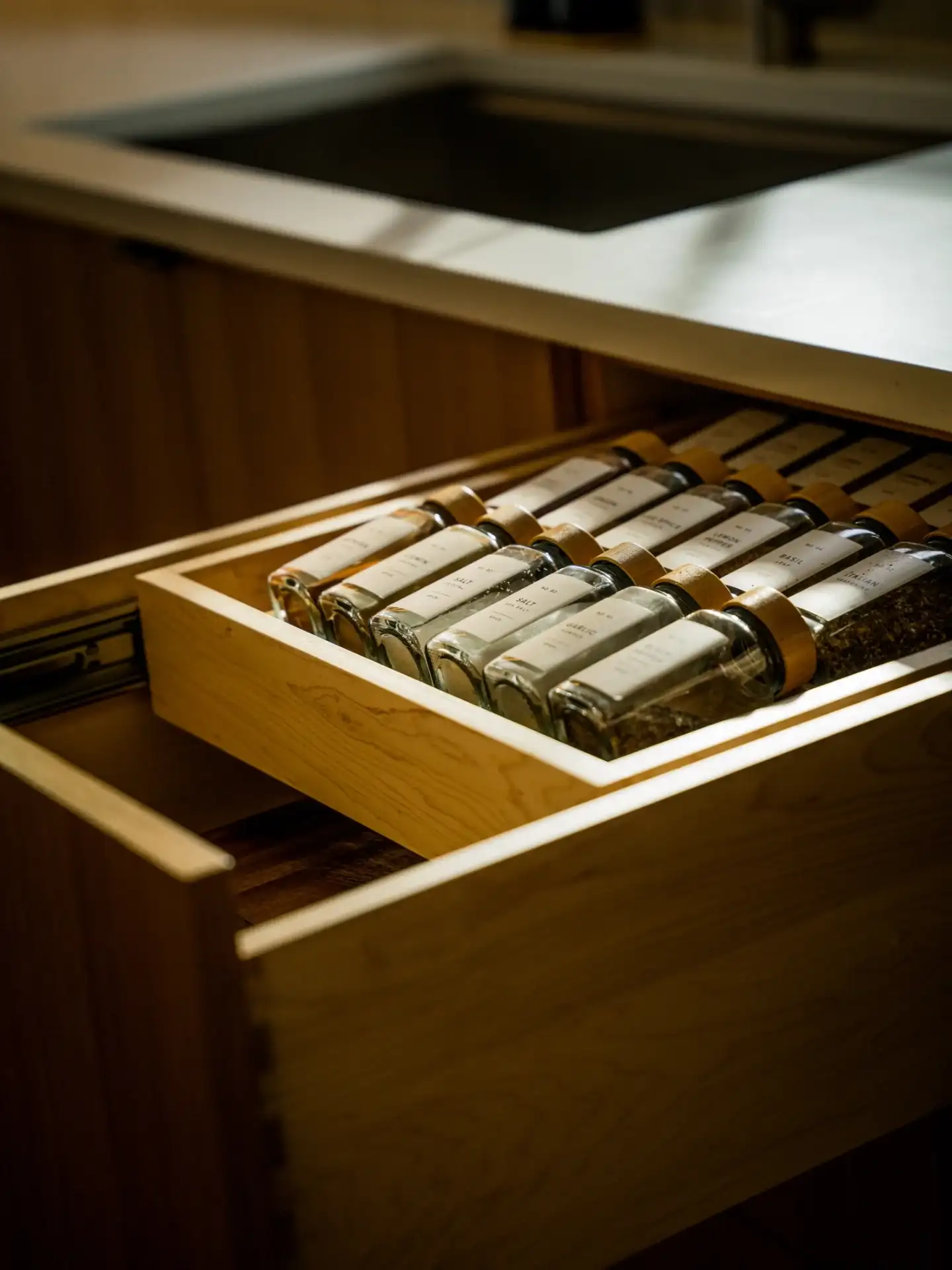 Custom dovetailed maple drawer fitted with angled spice-jar storage
